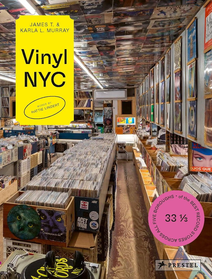 Interior of a record store with 'Vinyl NYC' book cover displayed.