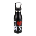 A sleek black cylindrical water bottle with a matte finish. Centered on the front is a bold white “I NY” logo with a bright red heart standing in for “love,” creating a clean, high‑contrast look. The chrome‑and‑black cap includes a built‑in carrying loop for convenience.