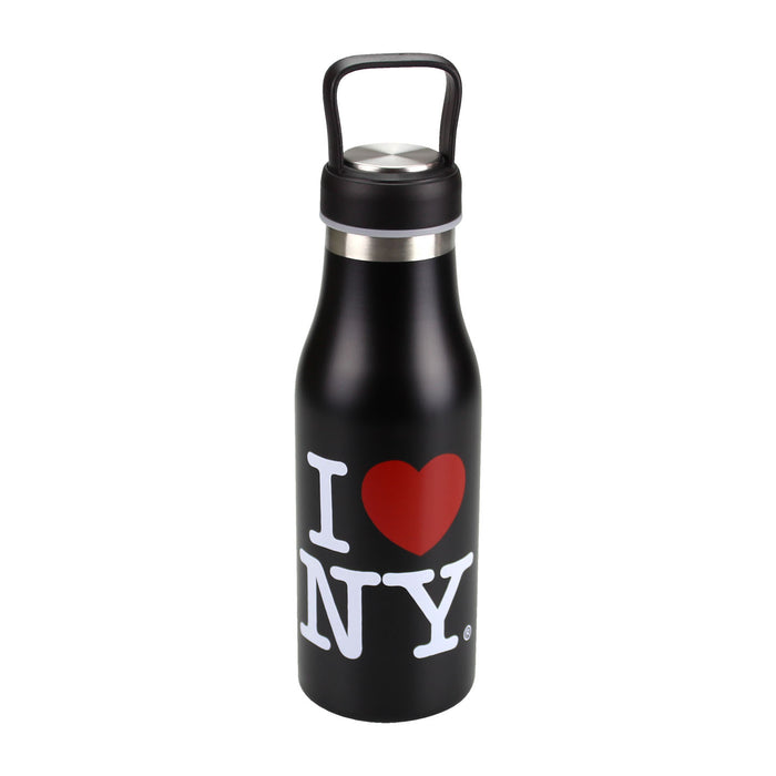A sleek black cylindrical water bottle with a matte finish. Centered on the front is a bold white “I NY” logo with a bright red heart standing in for “love,” creating a clean, high‑contrast look. The chrome‑and‑black cap includes a built‑in carrying loop for convenience.
