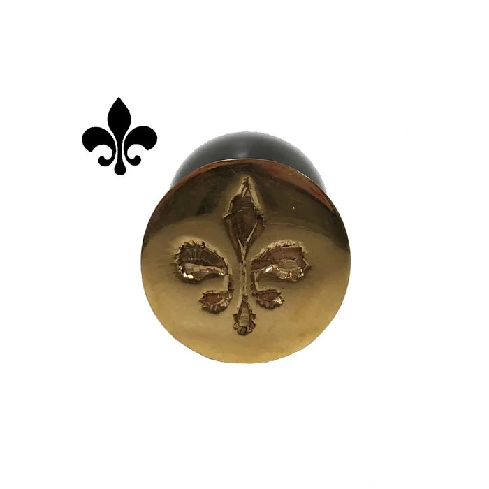 Antique‑style wax seal stamp with a Fleur-de-lis design, shown on a white background. It features a dark cherry‑stained wooden handle and a 1⅛‑inch round solid brass seal with a distressed finish. The stamp is about 5½ inches tall, interchangeable, designed for traditional hard sealing wax, and sold separately.