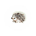 White Breasted Hedgehog Brooch - A small, rounded hedgehog brooch with a compact body and slightly pointed snout. The surface mixes soft felt with raised stitching, beads, and sequins to suggest textured spines and a fluffy chest. It has a layered, tactile feel with subtle sparkle, and a smooth metal pin on the back for fastening. Each handmade piece varies slightly in texture and detail.