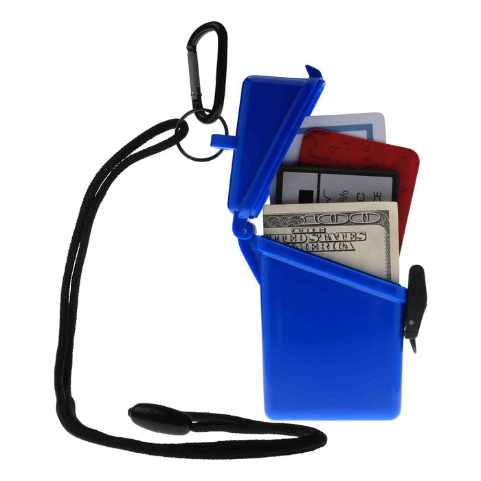 A blue Witz Surfsafe Waterproof Sports Case Badge Holder with Breakaway Lanyard and Carabiner - Holds Up to 9 IDs (0010X), perfect for beach activities or outdoor adventures, partially open to reveal cash, a credit card, and an ID card. A black carabiner is attached to the lanyard.