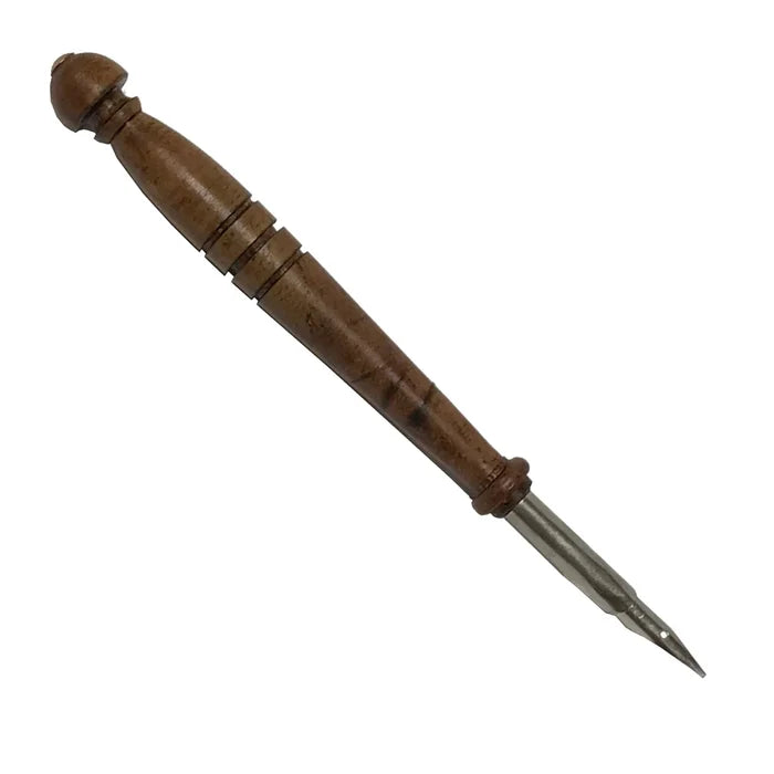 A wood writing pen with a metal nib, shown against a plain white background. The pen has a smooth, dark wooden handle with a gently contoured shape for comfortable grip and balance. A pointed metal nib is fitted at one end for dipping into ink, giving the pen a traditional, vintage appearance.