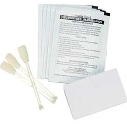 A set of genuine ZEBRA 105909-169 Premier Cleaning Kit - 50 cards, including printer cleaning cards, three swabs, and a blank card, placed neatly on a white surface. Ideal for maintaining Zebra card printers.