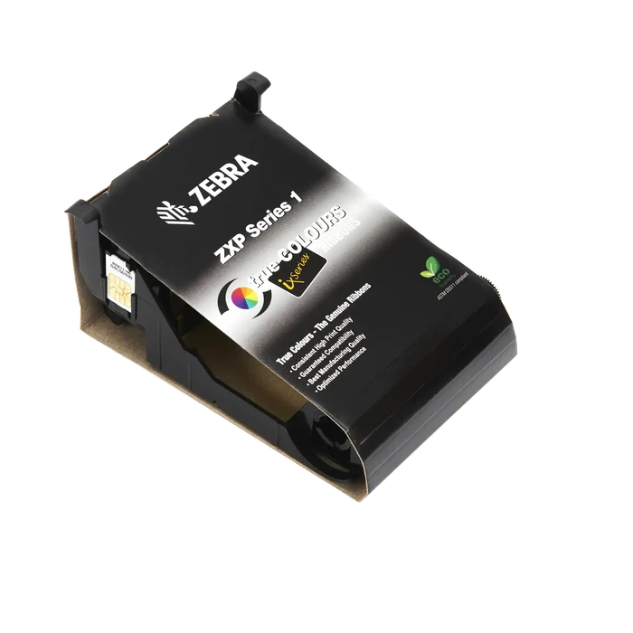 A Zebra 800011-101 Monochrome Black Ribbon - 1000 Prints, Compatible with ZXP Series 1 ID Card Printer, shown in its sleek black packaging box, designed to deliver vibrant monochrome printing.