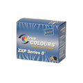 A box of the "Zebra 800012-480 YMCKK Color Ribbon," compatible with ZXP Series 8 and ZXP Series 9 retransfer ID card printers. The blue packaging is adorned with zebra stripes and text, indicating it's a YMCKK ribbon designed for vibrant, high-quality prints, capable of producing up to 500 prints.