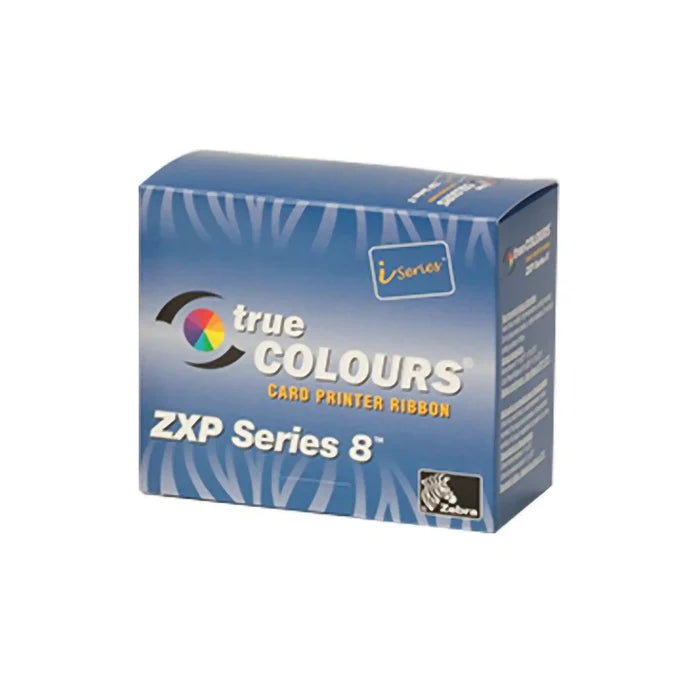 A box of the "Zebra 800012-480 YMCKK Color Ribbon," compatible with ZXP Series 8 and ZXP Series 9 retransfer ID card printers. The blue packaging is adorned with zebra stripes and text, indicating it's a YMCKK ribbon designed for vibrant, high-quality prints, capable of producing up to 500 prints.