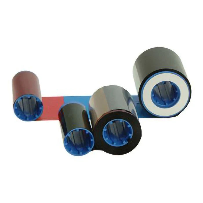 A Zebra 800015-340 YMCKO Eltron Ribbon - 350 Prints with blue cores, connected by a strip of multicolored tape (red, blue, and black), designed for Zebra card printers.