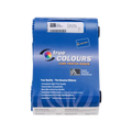 Blue box containing the True Colours card printer ribbon by Zebra. It highlights features like high print quality, guaranteed compatibility, and optimized performance for full-color card printing with the Zebra 800017-248 YMCKOK Ribbon - 165 Prints, Compatible with P120i ID Card Printer.