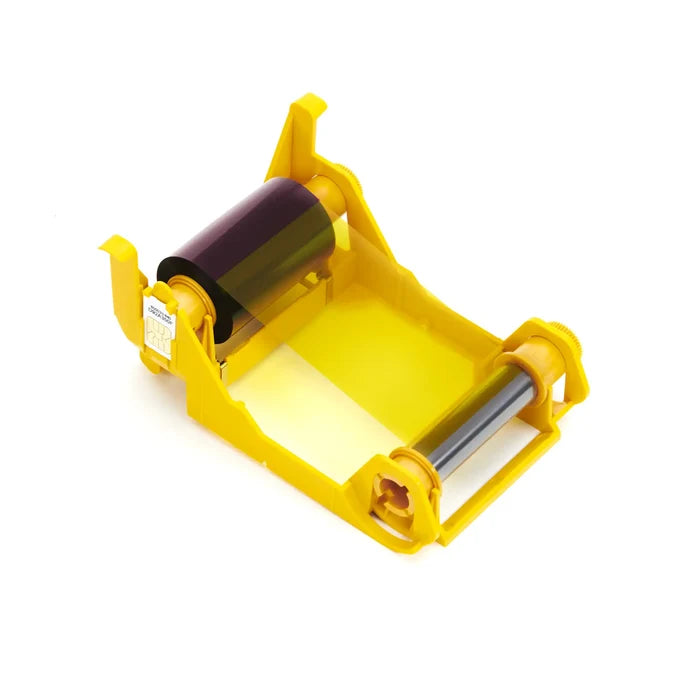 A yellow printer ribbon cartridge with a black and transparent roll, specifically designed for full-color printing on the Zebra 800033-848 YMCKOK Color Ribbon - 165 Prints and compatible with the ZXP Series 3 ID card printer.
