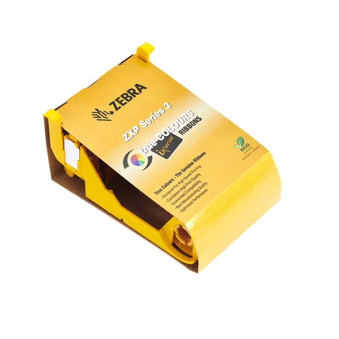 Yellow and black Zebra 800033-848 YMCKOK Color Ribbon - 165 Prints for card printers, featuring True Colours and eco-friendly logo, is ideal for full-color printing with the ZXP Series 3 ID card printer.