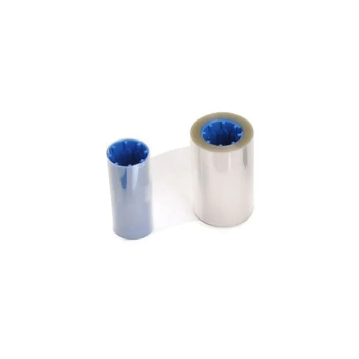 Two rolls of clear adhesive tape, one larger and one smaller, placed side by side on a white background—ideal companions for use with ID card printers or securing Zebra 800085-912 Overlaminate - 750 Prints, 1.0 Mil Bottom Laminate for Mag Stripe Cards.