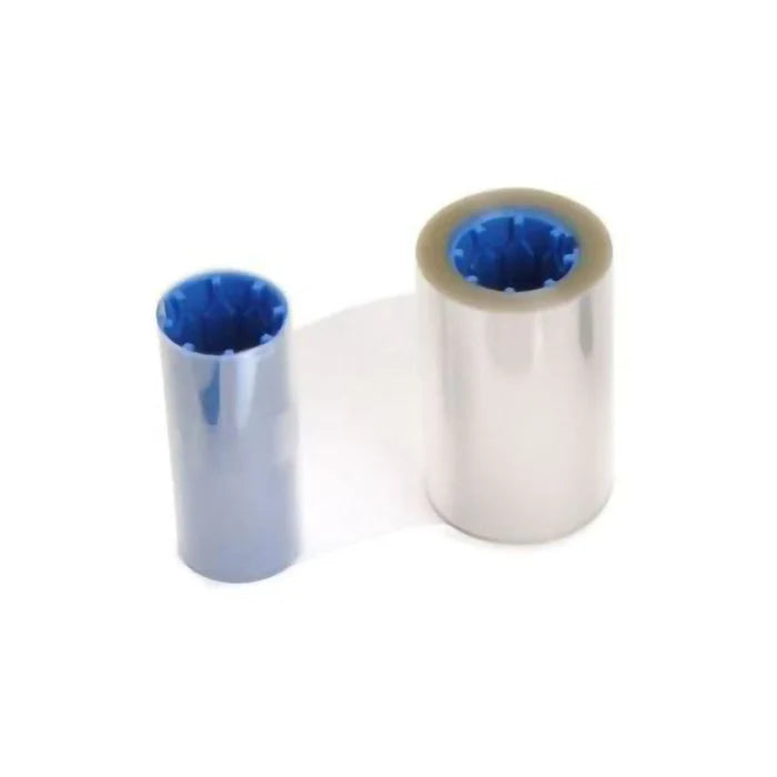 Two cylindrical rolls of plastic film are displayed, with one roll being smaller and blue, and the other larger and transparent. The larger roll is a Zebra 800085-918 True Secure Laminate capable of 750 prints, featuring a 1mil clear bottom laminate that is compatible with ZXP Series 7 card printers.