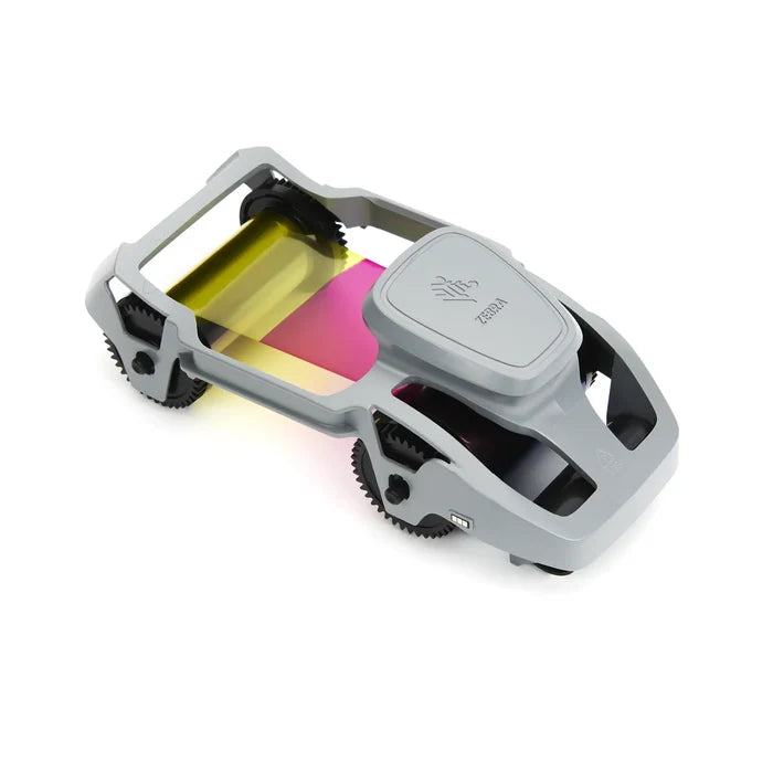Close-up of a gray, four-wheeled gadget with a Zebra 800100-150 YMCKO Color Ribbon - 200 Prints, Compatible with ZC100 ID Card Printer, reminiscent of the vibrant tones seen in full-color card printing, and a logo on top.