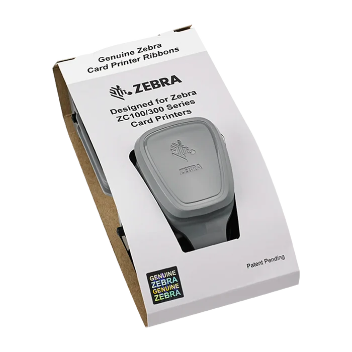 Box of Zebra 800300-360 YMCKOK card printer ribbons, designed for ZC300 Series ID card printers, showcasing Genuine Zebra branding and patent pending note, with a capacity of 200 prints.